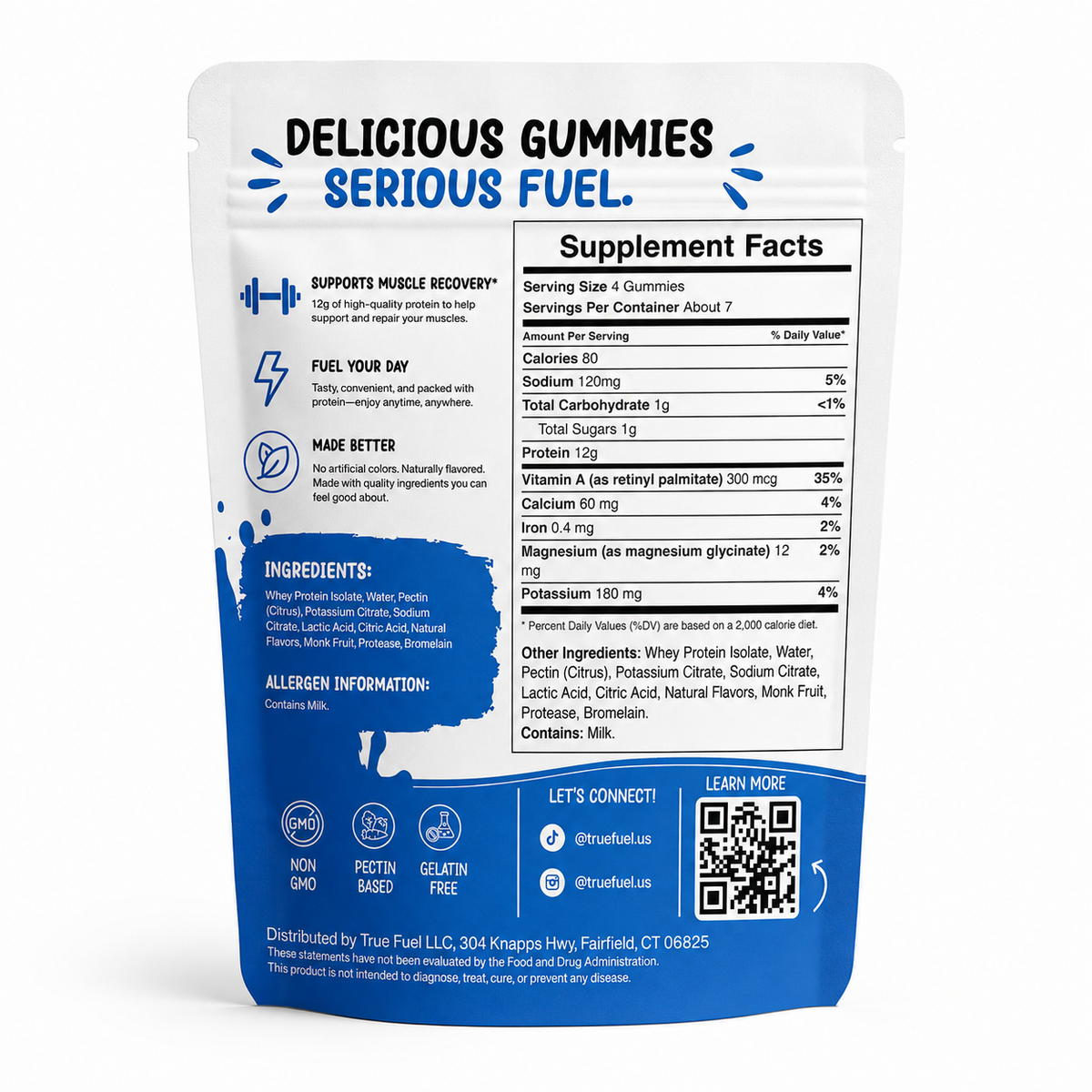 True Fuel Blueberry Protein Gummies – 12g Whey Protein Isolate, Clean Label Performance Nutrition, Low Sugar Post-Workout Snack, 30 Count Resealable Bag