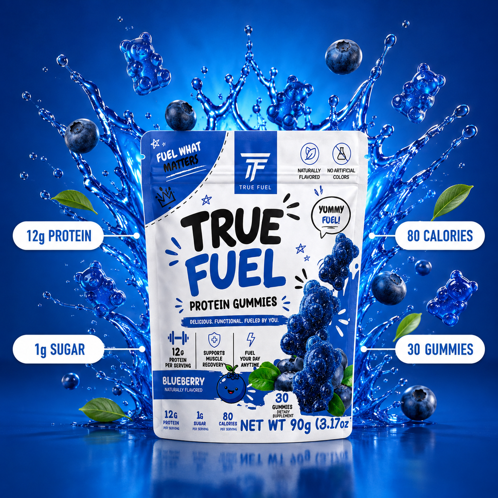 True Fuel Blueberry Protein Gummies – 12g Whey Protein Isolate, Clean Label Performance Nutrition, Low Sugar Post-Workout Snack, 30 Count Resealable Bag