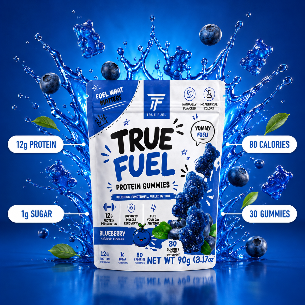 True Fuel Blueberry Protein Gummies – 12g Whey Protein Isolate, Clean Label Performance Nutrition, Low Sugar Post-Workout Snack, 30 Count Resealable Bag