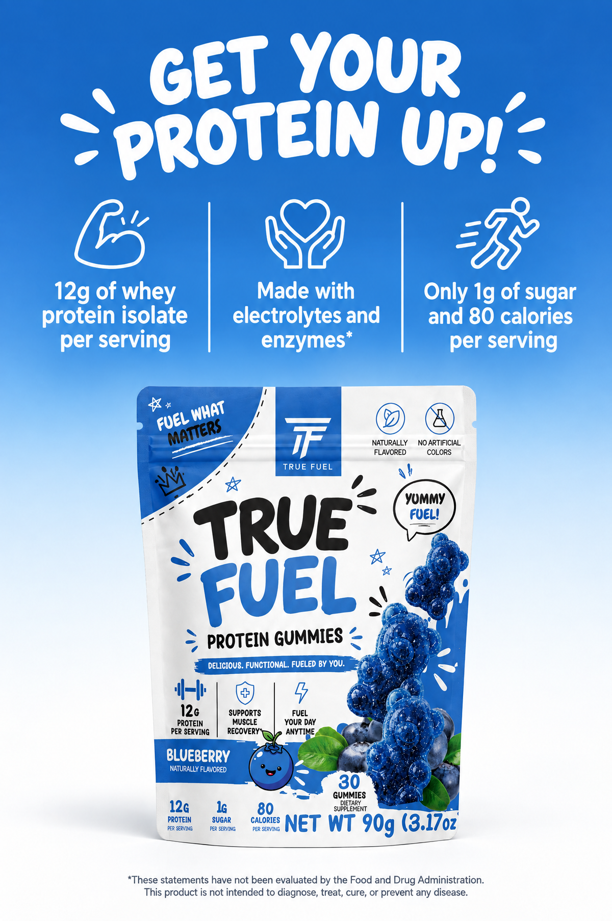True Fuel Blueberry Protein Gummies – 12g Whey Protein Isolate, Clean Label Performance Nutrition, Low Sugar Post-Workout Snack, 30 Count Resealable Bag