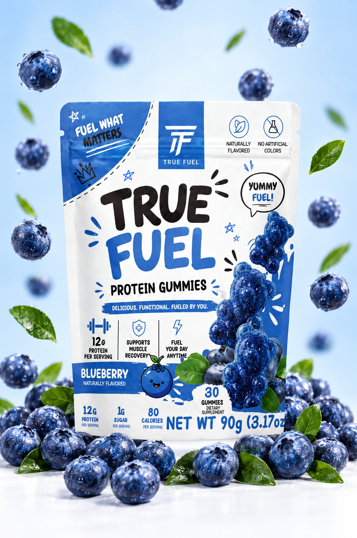 True Fuel Blueberry Protein Gummies – 12g Whey Protein Isolate, Clean Label Performance Nutrition, Low Sugar Post-Workout Snack, 30 Count Resealable Bag