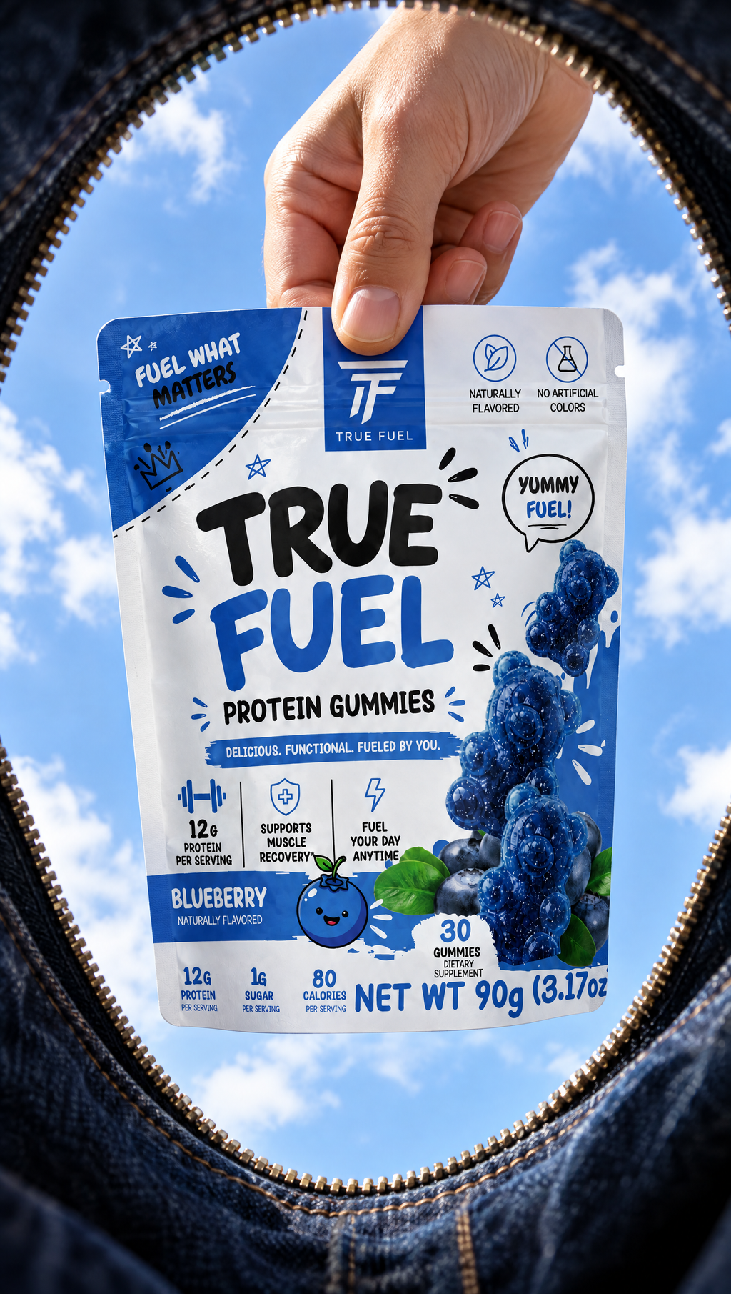True Fuel Blueberry Protein Gummies – 12g Whey Protein Isolate, Clean Label Performance Nutrition, Low Sugar Post-Workout Snack, 30 Count Resealable Bag