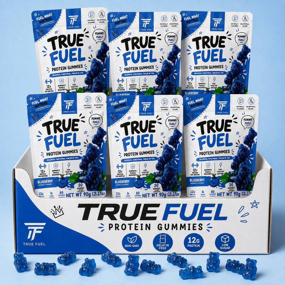 True Fuel Blueberry Protein Gummies – 6-Pack Bundle (180 Gummies Total)