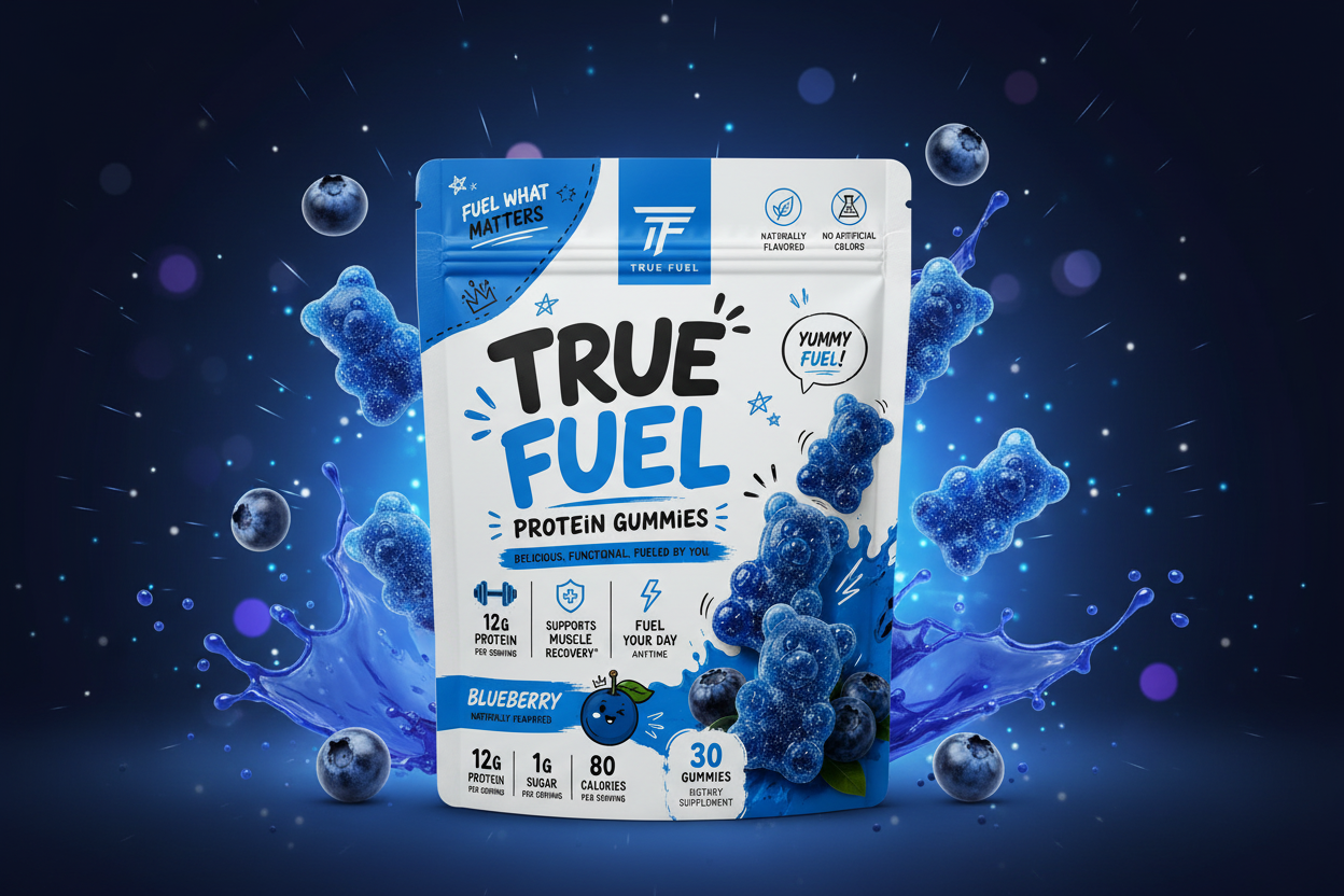 True Fuel Blueberry Protein Gummies Background